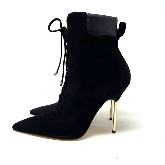Good American Scandal Lace Up Stilleto Booties Suede Black Size 9.5 GA012K-X - Picture 1 of 9